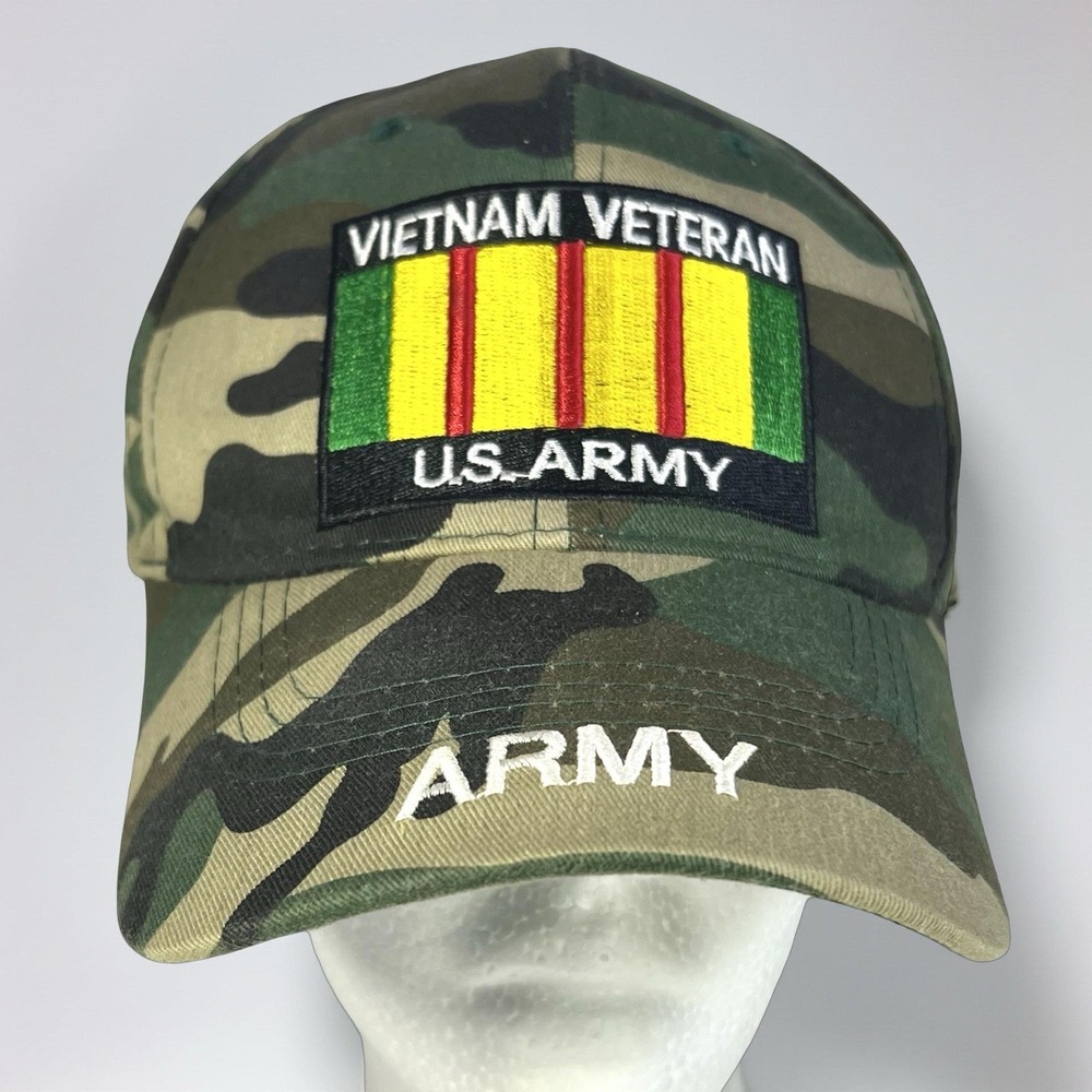 Vintage U.S. ARMY VIETNAM VETERAN Camo Hat Cap Military‎ Flag Embroidered OSFA